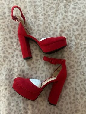 Red Platform Block Heels - Women 6